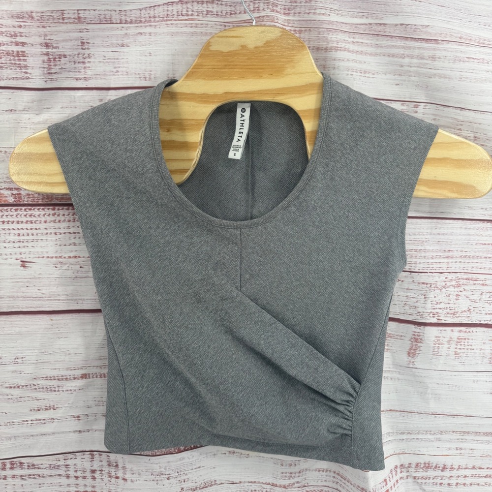 Athleta Shirt Womens Small Grey Marl Faux Wrap Ruched Sleeveless Crop Top Pocket
